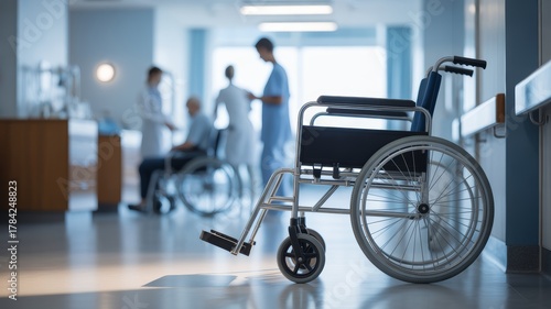 In the immediate foreground, an empty, unoccupied wheelchair with a dark seat and shiny metal frame is positioned, slightly angled towards the background.