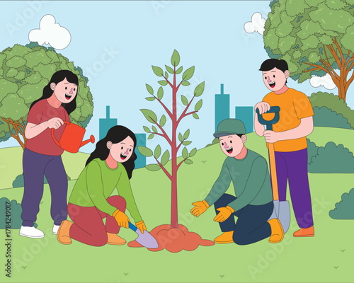 A group of adults planting a tree together in nature to celebrate World Environment Day. Flat cartoon style illustration promoting green action, sustainability, and teamwork for the environment.