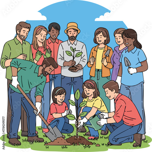 A diverse group of people of various ages and ethnicities working together to plant a tree in a grassy area under a blue sky.