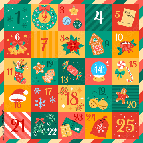 Christmas Advent calendar. Funny Xmas symbols, objects, and numbers 1 to 25. Vector illustration of holiday elements stocking, jingle bells, candy. Traditional December countdown for kids, children