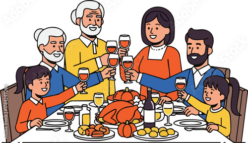 A happy multi-generational family toasting with wine glasses at a festive holiday dinner table with a roasted turkey.