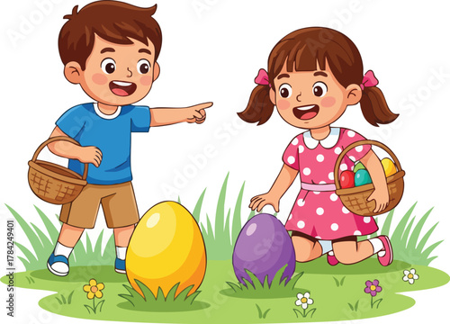 Two happy children, a boy and a girl, are participating in an Easter egg hunt in a grassy field with colorful eggs and baskets.