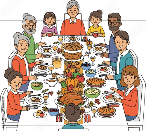 A large multi-generational family enjoys a festive Thanksgiving dinner together, with a roasted turkey and various dishes on a decorated table.