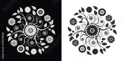 Circular floral mandala design with swirling vines and leaves, presented in both black on white and white on black versions for versatile graphic applications