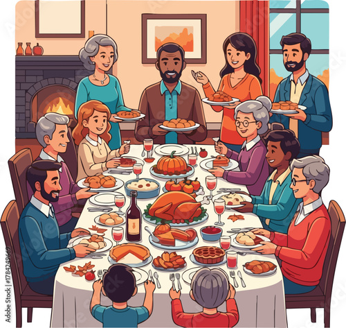 A large, multi-generational family gathers around a festive dining table, sharing a holiday meal with a roasted turkey and various dishes in a warm home setting.