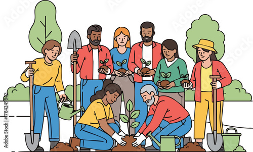 A diverse group of people planting trees and seedlings together in a community garden, demonstrating teamwork and environmental care.