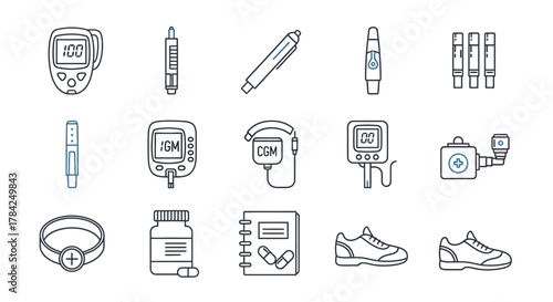 Essential diabetes care kit featuring glucose meters, insulin pens, CGM, test strips, medication, and athletic shoes for active lifestyles