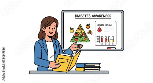 Educator passionately explains diabetes awareness with healthy food pyramid and blood sugar chart