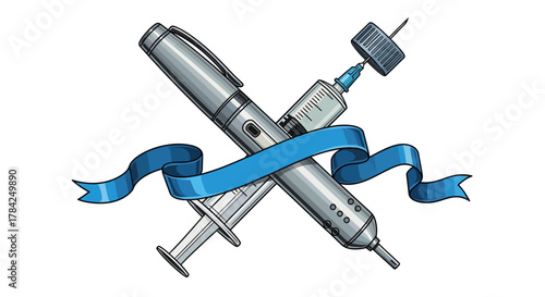 Innovative insulin pens and syringes crossed with a blue ribbon, symbolizing diabetes care and medical breakthroughs in modern healthcare
