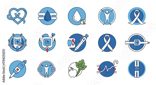 Dynamic icons symbolizing diabetes awareness, treatment, health, and medical care, perfect for healthcare campaigns and informational content.