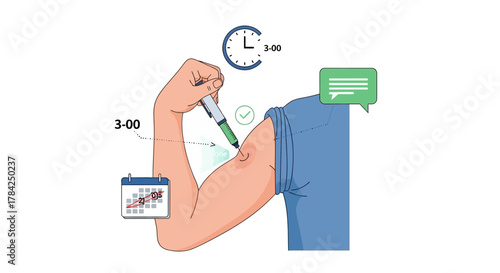Man receiving injection for health maintenance, tracking doses with calendar and clock, symbolizing medical care and health management.