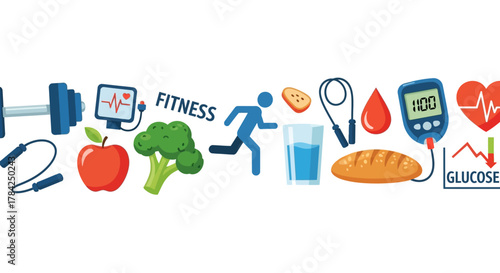 Achieve optimal health with vibrant icons depicting fitness, healthy food, and glucose monitoring for a balanced lifestyle.