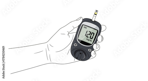 Person holds glucose meter showing 120 mg/dL result for diabetes monitoring and health checkups