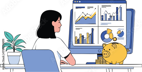 Woman analyzing financial data on a computer with a piggy bank and coins nearby, suggesting financial planning and investment.