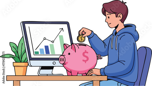Young man putting a coin into a piggy bank, illustrating personal finance, savings, and investment growth shown on a computer screen.