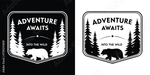 Wilderness adventure graphic featuring a bear, pine trees, and mountains with the text adventure awaits into the wild