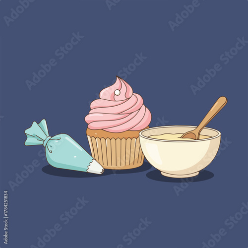 A charming illustration features a pink-frosted cupcake with a light blue piping bag and a bowl of batter with a spoon against a blue background.