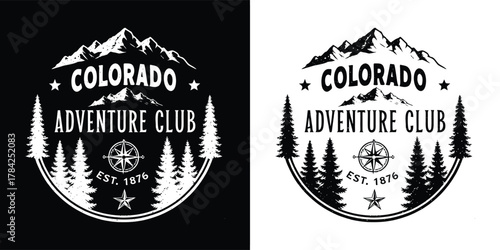 Colorado adventure club vintage emblem with mountains, pine trees, and compass, representing outdoor exploration and nature