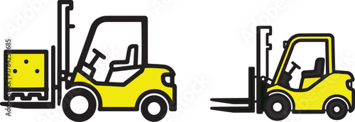 Two Yellow Forklifts One With A Box On White Background