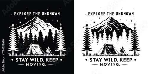 Explore the unknown with a tent and campfire in a mountain forest, encouraging exploration and adventure, isolated on white background