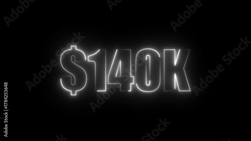 White neon $140K number for finance and success themed animated.Perfect for financial video animation on backgrounds, digital currency, or futuristic money themes.
