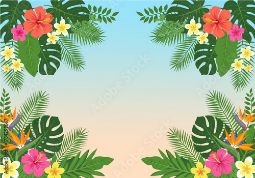 Colorful tropical flowers and lush green foliage frame a gradient background, creating a vibrant, summery design.