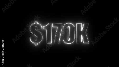 White neon $170K number for finance and success themed animated.Perfect for financial video animation on backgrounds, digital currency, or futuristic money themes.