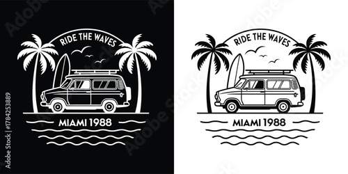 Retro surf van with palm trees and surfboard, ride the waves miami 1988 text, ocean waves, vintage travel vibe, black and white