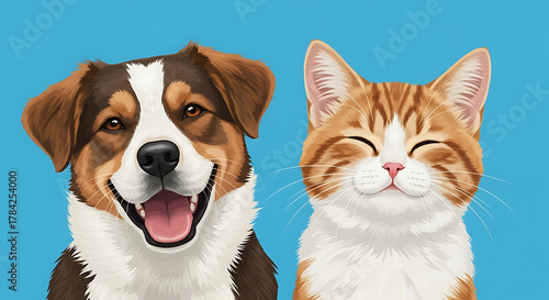 Two friendly pets, a brown-and-white dog and a smiling orange cat pose against bright blue backdrop
