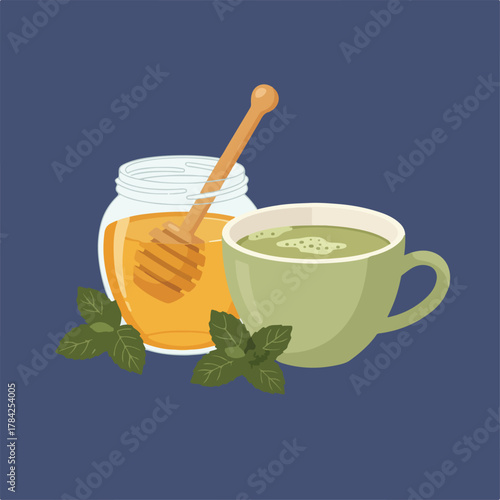 An illustration shows a cup of tea with a jar of honey and mint leaves set against a blue background, creating a soothing and inviting composition.