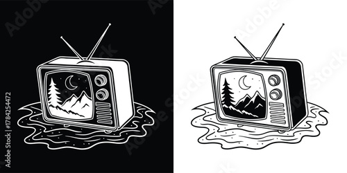 Retro television set melting on a puddle, displaying a mountain landscape scene, isolated on white background