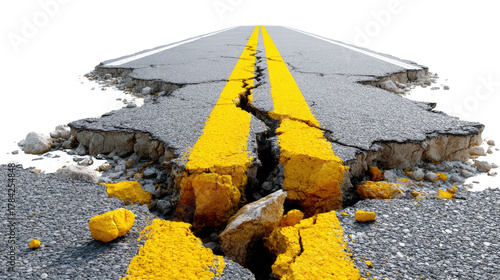Road to Disaster: An image of a cracked road with yellow lines, depicting the aftermath of a natural disaster, conveying a sense of destruction and uncertainty.