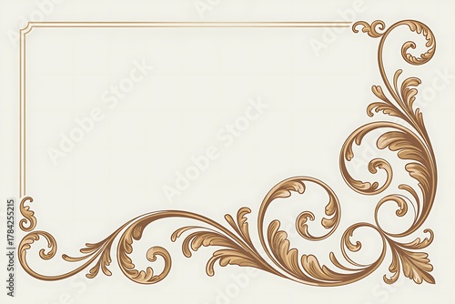 Antique Gold Scrollwork Corner Frame with Acanthus Leaves on Cream Background Keywords: antique, gold, scrollwork, corner, frame, acanthus, leaf, decorative, cream background, vintage, ornate