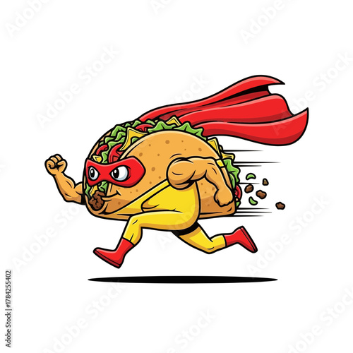 Illustration of a muscular taco superhero running fast, a fun and powerful food defender cartoon