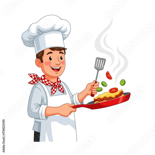 A cheerful cartoon chef flipping food in a pan, wearing a chefs hat and apron