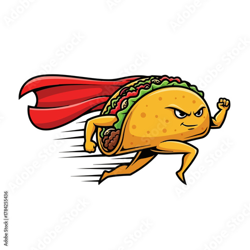 A cartoon taco superhero running with a red cape, the taco has a determined expression and is ready to save the day