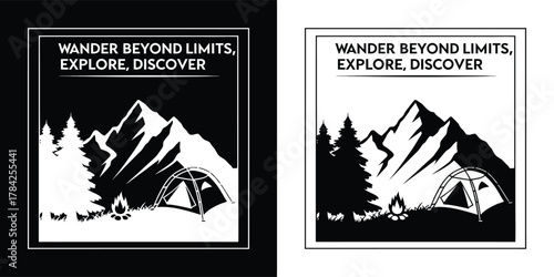 Black and white graphic illustration of a tent and mountains with the text wander beyond limits, explore, discover