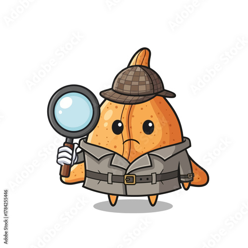 Cartoon fish cake detective with magnifying glass, the fish cake is wearing a trench coat and hat