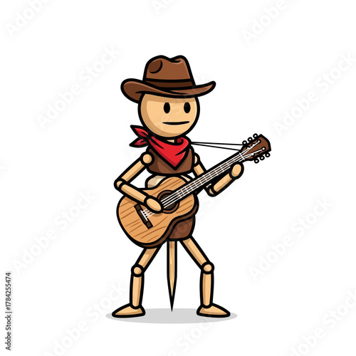 Wallpaper Mural Wooden cowboy puppet playing guitar cartoon character of a cowboy musician with a guitar and a red bandana around his neck Torontodigital.ca