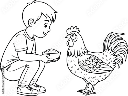 Boy feeding a chicken with grain, cute farm scene line art, vector illustration for children's books, education, or rural life themes, perfect for coloring pages
