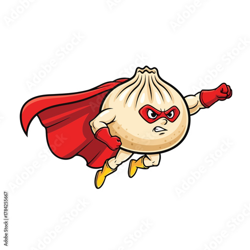 A dumpling superhero with a determined expression soars through the air, a fun and empowering food character illustration