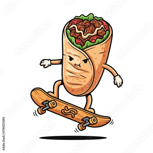 A cool shawarma character skateboarding with an angry expression, , a fun and edgy street food illustration