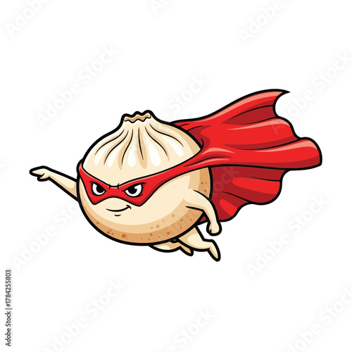 A heroic dumpling soars through the sky, , wearing a red cape and mask, ready to save the day with its super powers