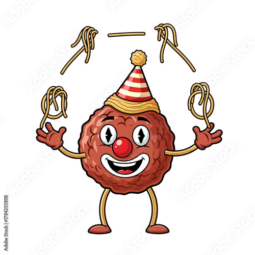 Cartoon meatball clown juggling spaghetti a whimsical illustration of a food character performing a circus act