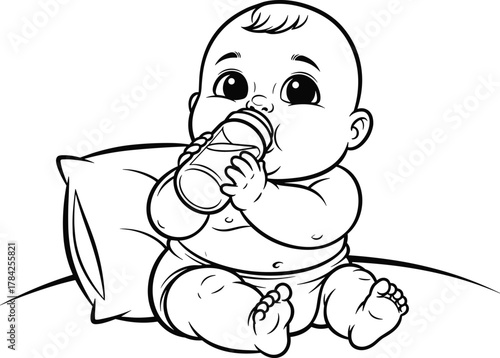 Adorable cartoon baby sitting with pillow, drinking from bottle, perfect for parenting, childcare, nursery, or infant care-themed vector illustration and design content.
