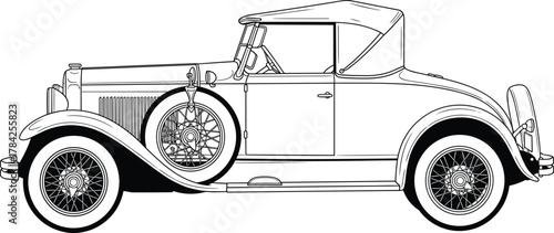 Classic vintage car line art illustration, retro automobile design, vector outline perfect for posters, logos, or automotive history themes, ideal for transportation and nostalgia content