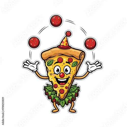 A cartoon pizza slice character is juggling pepperoni, he is wearing a hat and a skirt made of basil leaves