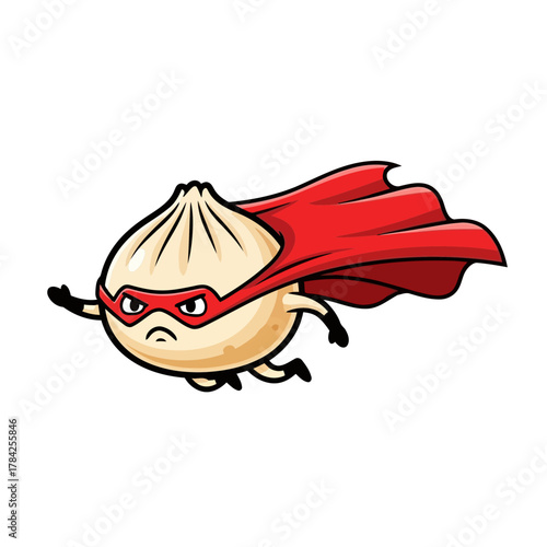 A cartoon dumpling character is flying like a superhero, he is wearing a red mask and a red cape