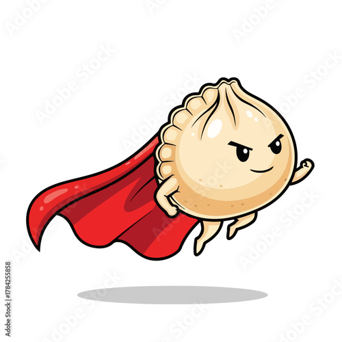 A cartoon dumpling character is flying like a superhero, he is wearing a red cape and smiling