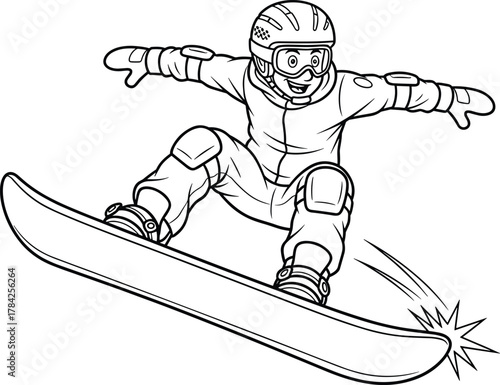 Excited cartoon snowboarder in full gear carving down a slope, ideal for winter sports, adventure, or youth activity design projects, clean black and white line art style